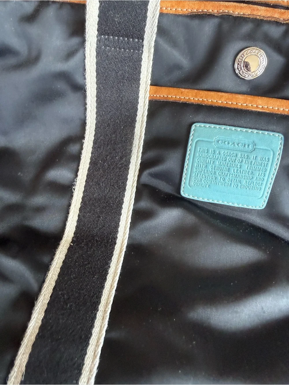 Coach Black Canvas Tote with Teal Trim and Tan Accents